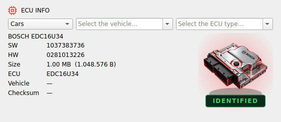 ECU identified: Bosch EDC16U34 with SW, HW and size
