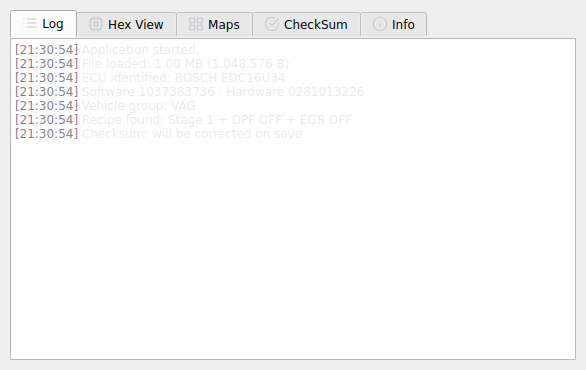 Program log: file loaded, ECU detected, recipe found