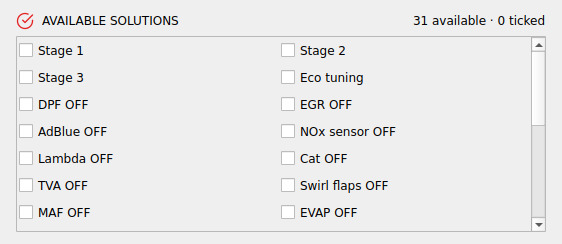 List of solutions with ON / OFF switches and token cost